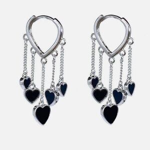 Black Heart Tassel Hoop Silver Dangle Hearts Earrings NWT